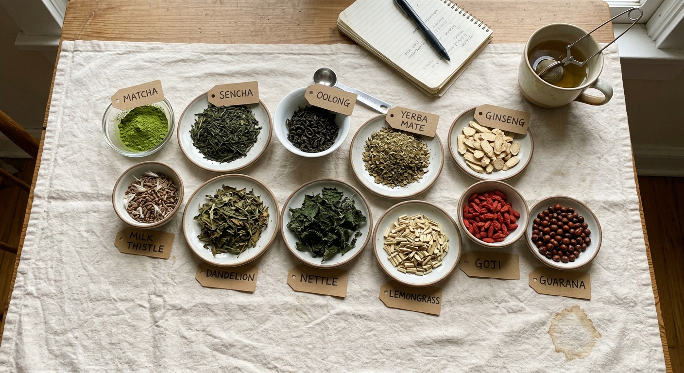 The eleven herbs and teas in Maya's protocol, labeled and arranged on a kitchen table