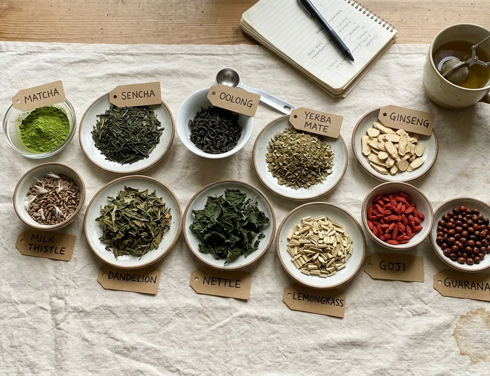 The eleven herbs and teas in Maya's protocol, labeled and arranged on a kitchen table