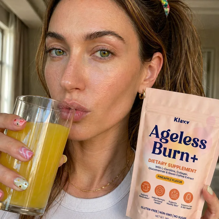 maya sipping the pineapple ritual with the klavv ageless burn+ pouch