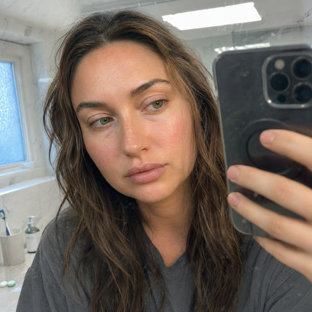 Day 1: Maya in her bathroom mirror, morning, puffy, no makeup