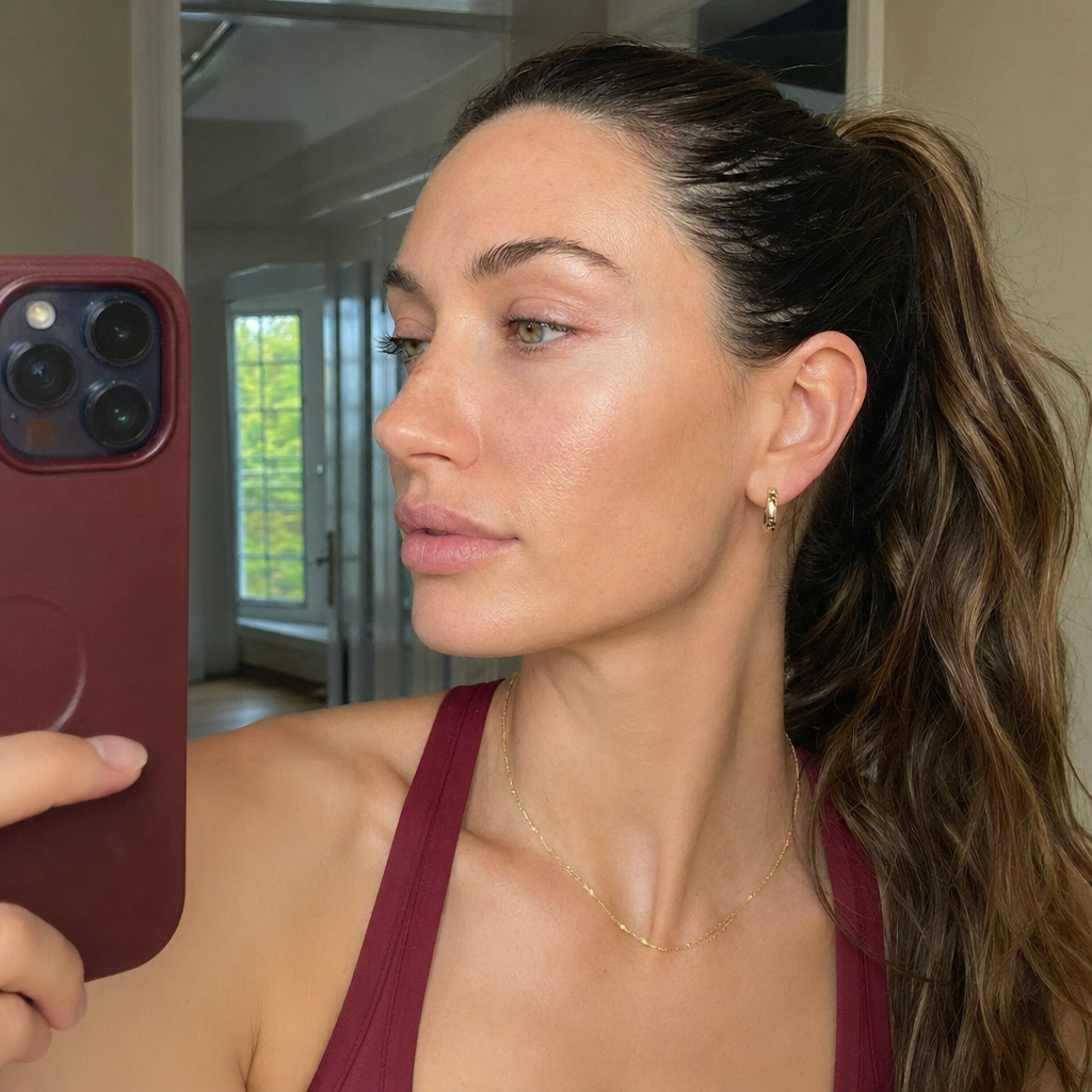 Day 12: Maya in a side-profile mirror selfie, jawline visible