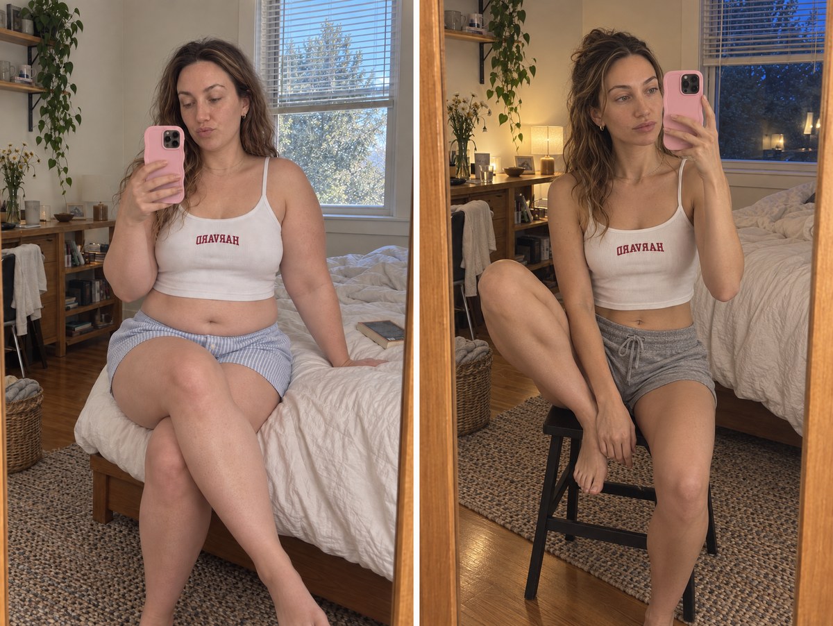 Maya, two bedroom mirror selfies in the same Harvard top, twenty eight days apart