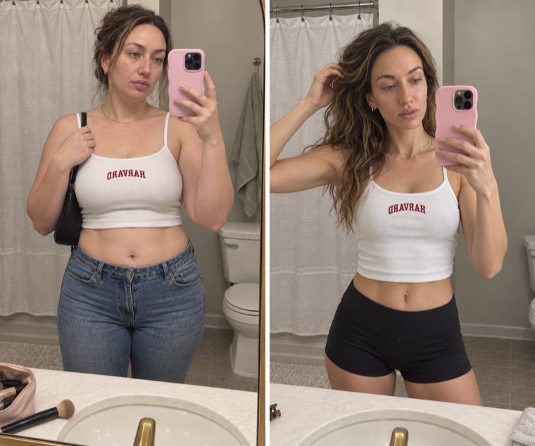 Maya, two bathroom mirror selfies in the same Harvard top, 28 days apart